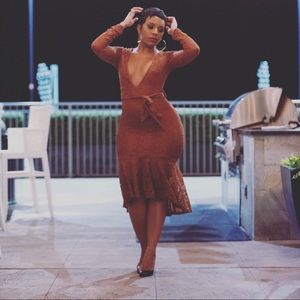 Bronze Bodycon Midi Dress with Laceoverlay